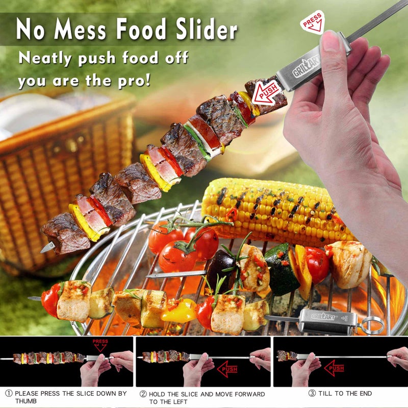 GRILLART Kabob Skewers for Grilling - Metal Skewer for Kabobs with Slider - Flat BBQ Skewer Stainless Steel - 17" Shish Kabob Grill Skewers & Ideal Kabob Sticks for Meat Shrimp Chicken Veggie (10PCS) - Image 2